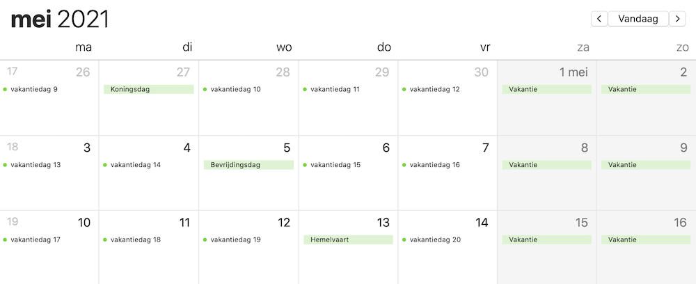 Meer vakantiedagen 2021 mei