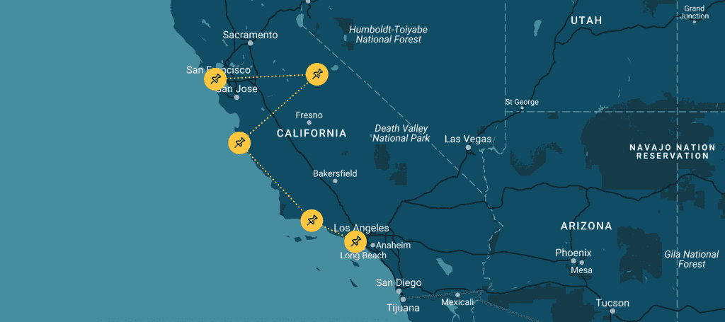 Route die werd afgelegd tijdens deze roadtrip californie