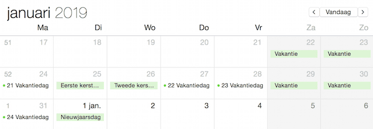 vakantiedagen in 2018